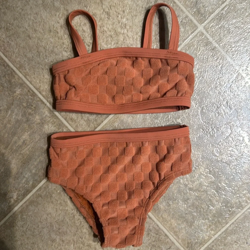 Little Co. Terry Cloth Checkered Two-Piece Swimsuit Bikini Set in Sunburn‎